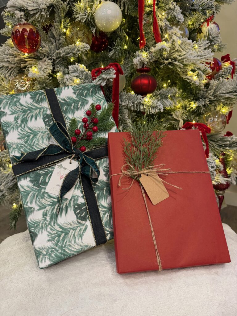 Elegant Christmas gift wrapping with greenery and ribbon in Oklahoma City